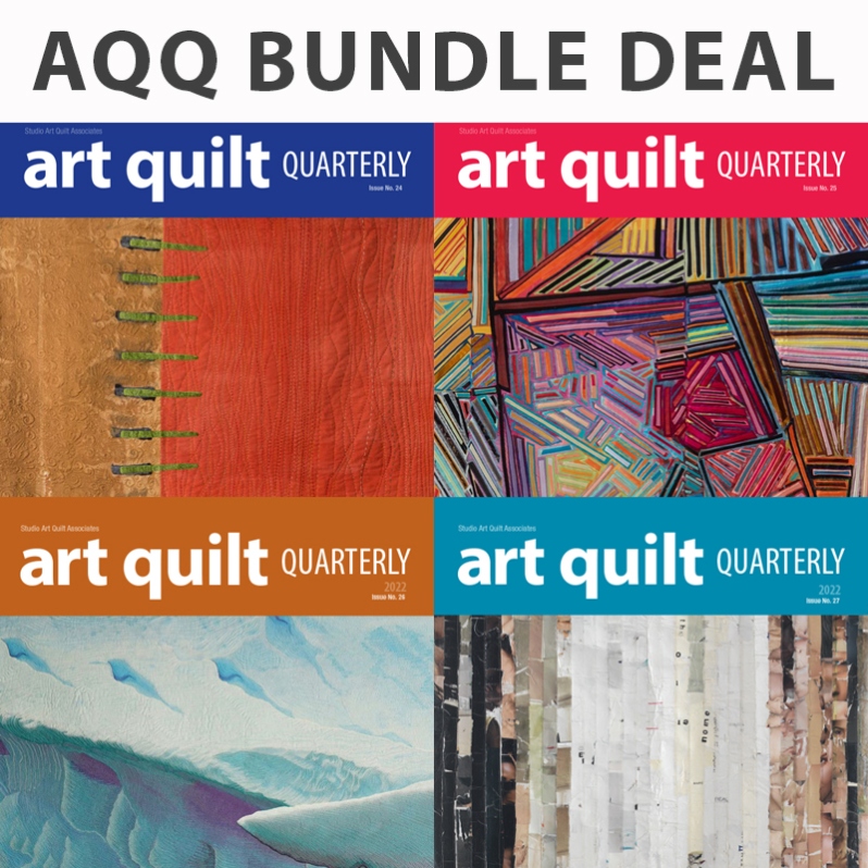 Product Description: Art Quilt Quarterly Special Bundle Offer </br></br>For a limited time, we are offering a big bundle of AQQ back issues we have in stock. Act fast as quantities are limited! </br></br>BIG BUNDLE: Issues: 11, 12, 24, 26, 27, 28, 29, 30, 31</br></br>Additional shipping will apply. Note that non-US addresses may be charged customs/taxes upon delivery.</br></br>More information about each issue available at www.saqa.com/aqq</br> Art Quilt Quarterly Bundle
