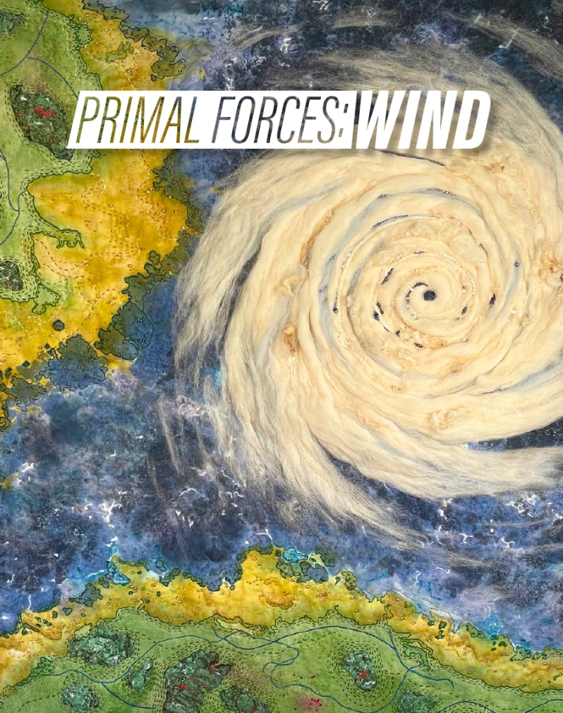 Product Description: This catalog features artwork from the SAQA Global Exhibition Primal Forces: Wind</br></br>Wind is the movement of air; you cannot see it or hold it in your hand, but it provides a powerful source of energy essential to our planet. From a light breeze to natural hazards like hurricanes or tornadoes, wind transforms life daily.</br></br>ISBN 979-8-9862016-3-4</br>Softcover, 77 pages</br>Cover artwork by Victoria Gutierrez</br> SAQA - Primal Forces: Wind (catalog)